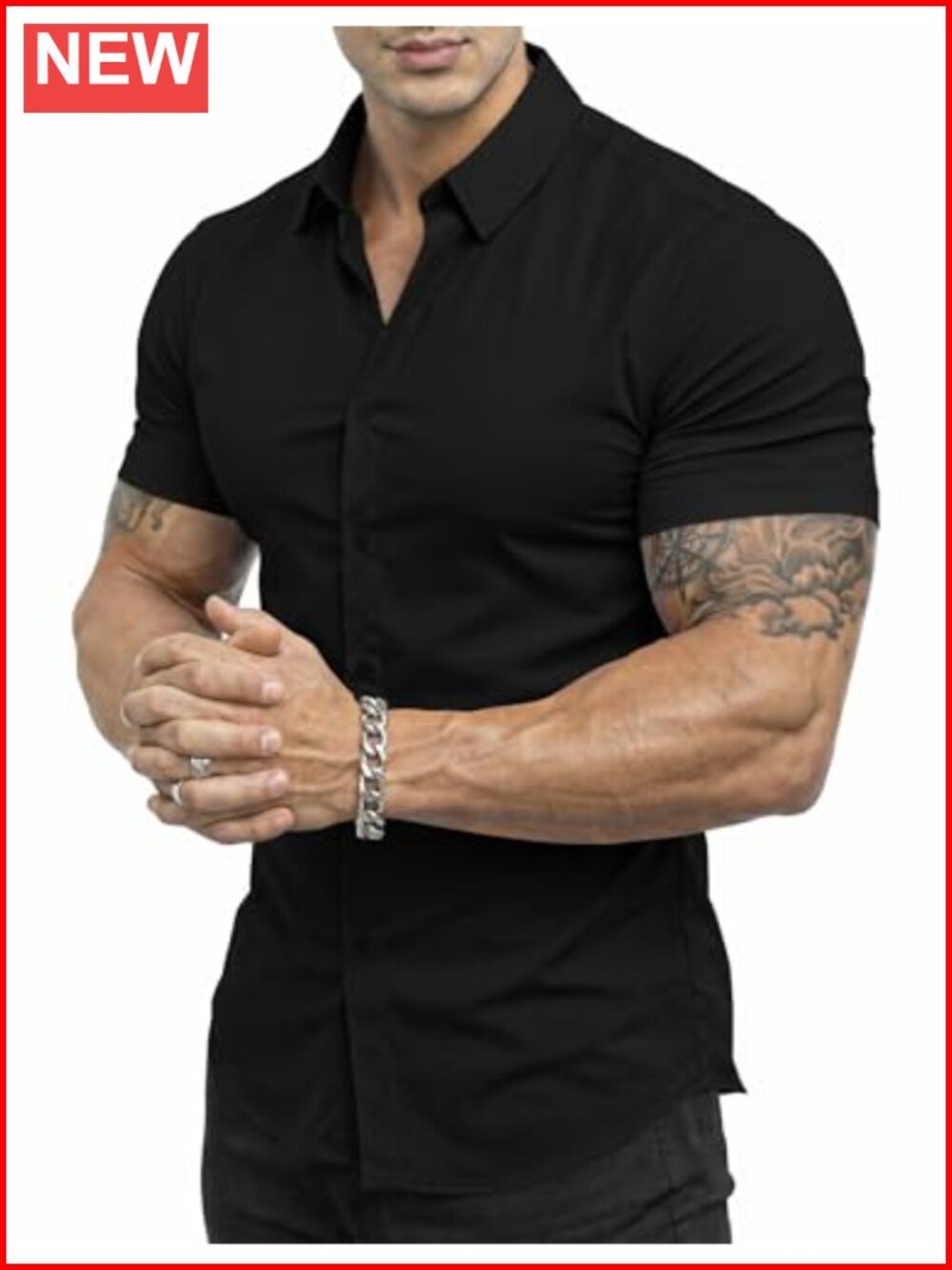Men's Muscle Fit Short Sleeve Button Down Dress Shirt Wrinkle-Free 4-Way Stretch